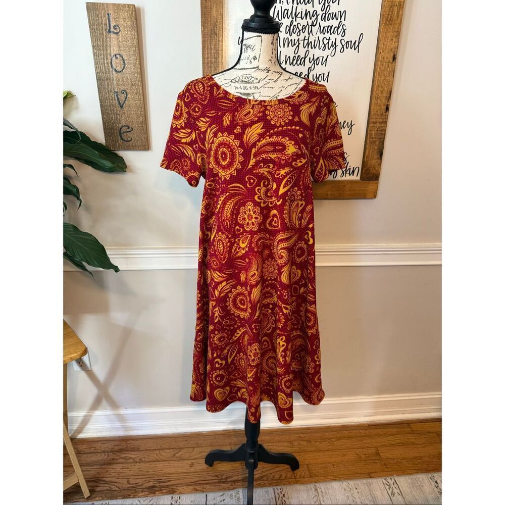 LuLaRoe Women's Carly Paisley Short Sleeve Swing Midi Dress Red Yellow Sz Small